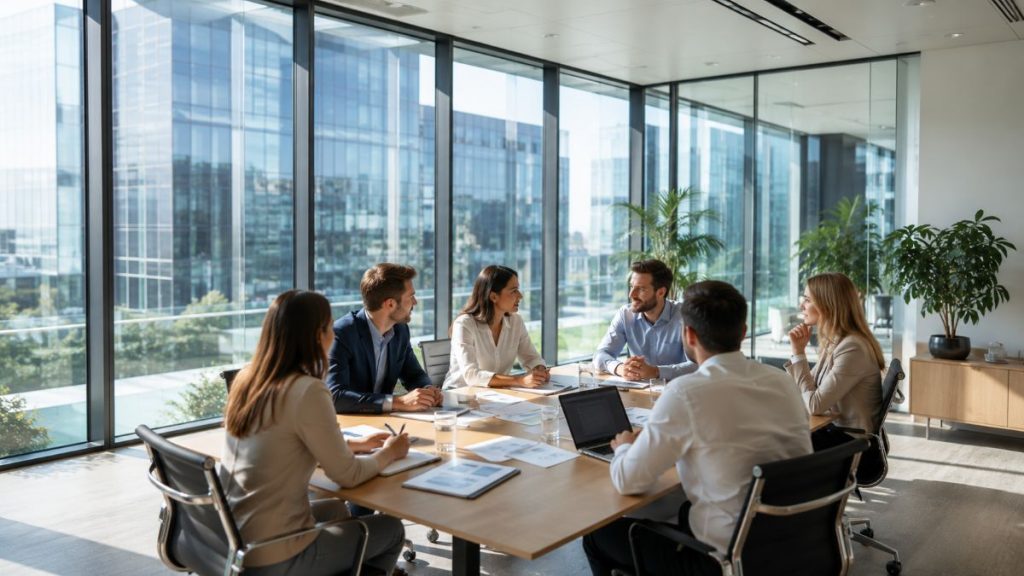 Equipo de Harbour Square reunido planificando soluciones profesionales para empresas y particulares.