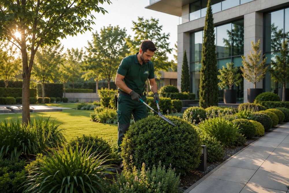 Jardinero profesional realizando mantenimiento de jardines en Aranjuez