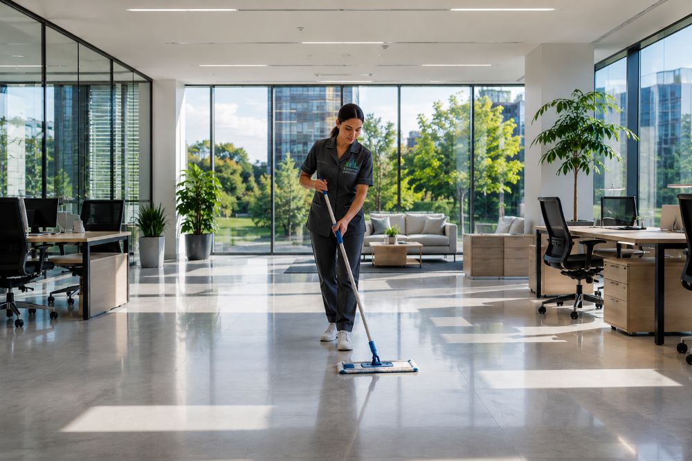 Profesional de Harbour Square realizando trabajos de limpieza de oficinas en Aranjuez.