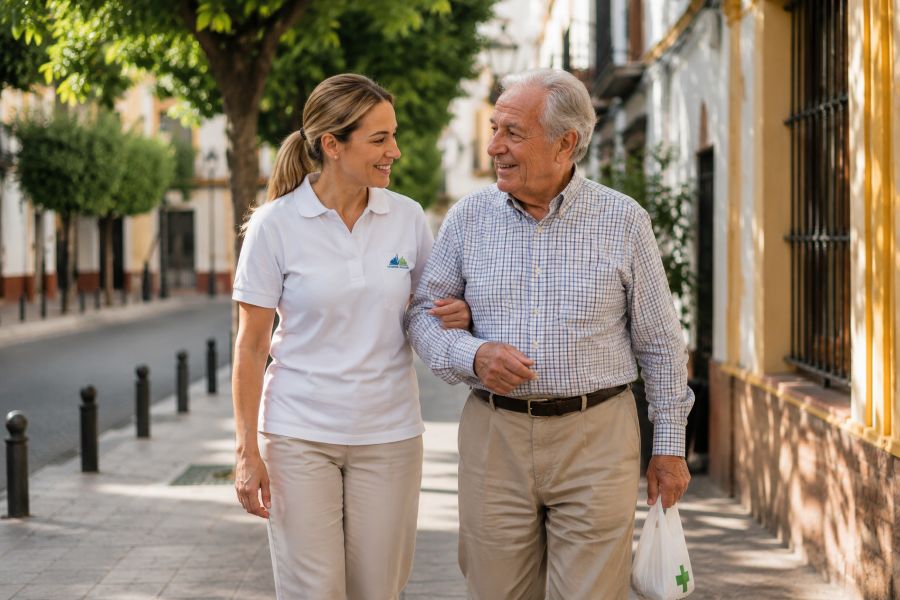 Auxiliar acompañando a una persona mayor a realizar gestiones en Sevilla